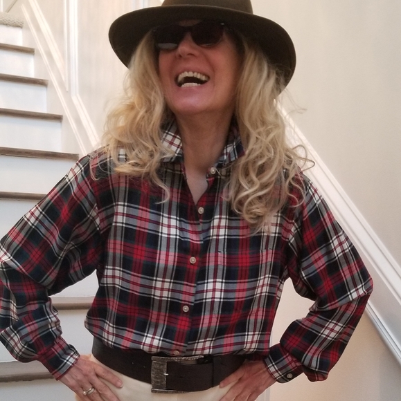 Eddie Bauer Red, Green, & Blue Plaid Button Down Rayon Shirt, Medium, $20 - Picture 5 of 7